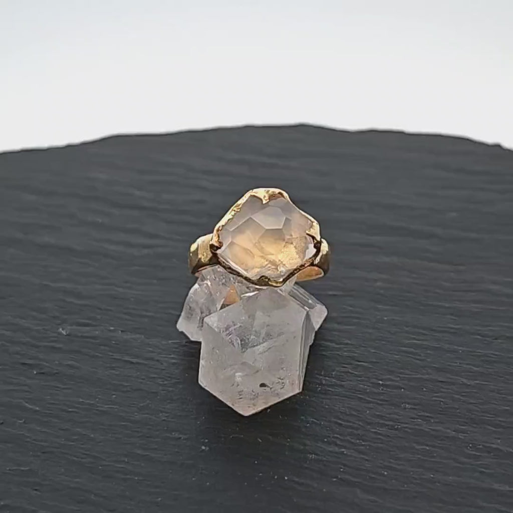 Partially Faceted Moonstone Yellow Gold Ring Gemstone Solitaire recycled 18k statement cocktail statement 3290