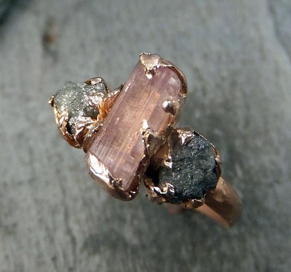 Raw Pink Tourmaline Diamond 14k Rose Gold Engagement Ring Wedding Ring One Of a Kind Gemstone Ring Bespoke Three stone Ring by Angeline - by Angeline