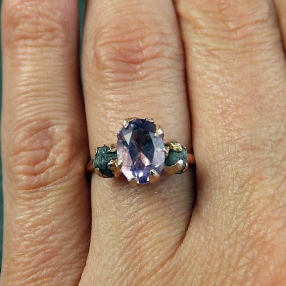 Raw Diamond Amethyst Gemstone 14k Rose Gold Engagement Ring Wedding Ring One Of a Kind Gemstone Ring Bespoke Three stone Ring by Angeline - by Angeline