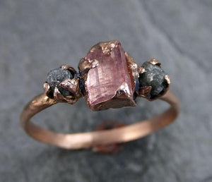 Raw Pink Tourmaline Diamond 14k Rose Gold Engagement Ring Wedding One Of a Kind Gemstone Ring Bespoke Three stone Ring by Angeline - by Angeline