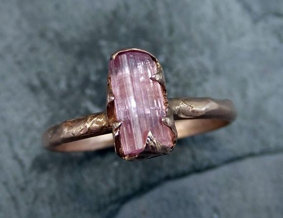 Raw Pink Tourmaline Rose Gold Ring Rough Uncut Pastel Pink Gemstone Promise engagement wedding recycled 14k Size stacking by Angeline - by Angeline
