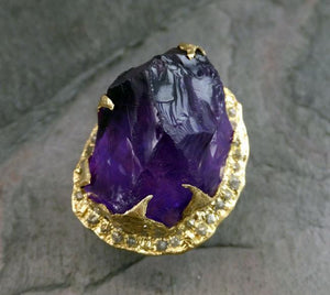 Raw Rough Uncut Gemstone Amethyst and Diamonds 18k Yellow Gold Halo Ring Multi stone Statement ring Show Stopper ring by Angeline 0052 - by Angeline