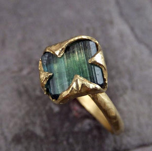 18k Gold Raw Green Tourmaline Ring Rough Uncut Gemstone tourmaline recycled stacking cocktail statement by Angeline - by Angeline
