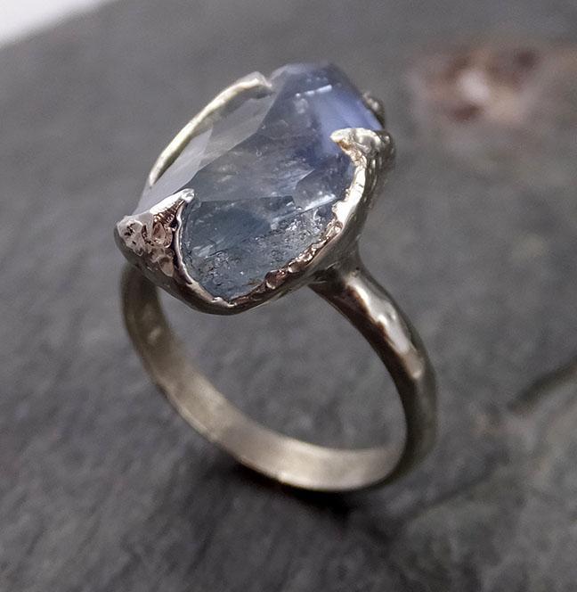 Partially Faceted Sapphire Solitaire 14k white Gold Engagement Ring Wedding Ring Custom One Of a Kind Gemstone Ring 1182 - by Angeline