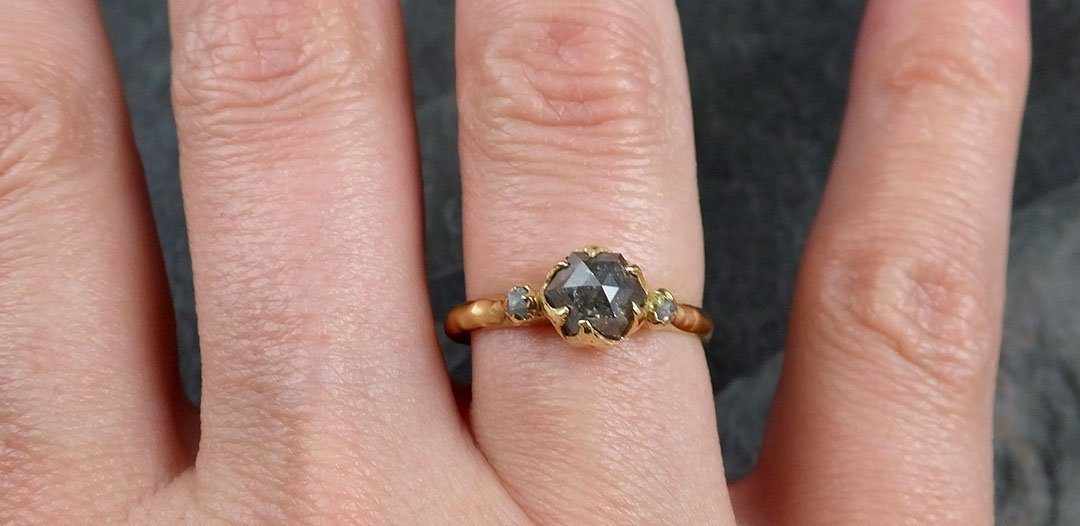 Fancy cut Gray Diamond Engagement 18k Yellow Gold Multi stone Wedding Ring Stacking Rough Diamond Ring byAngeline 1241 - by Angeline