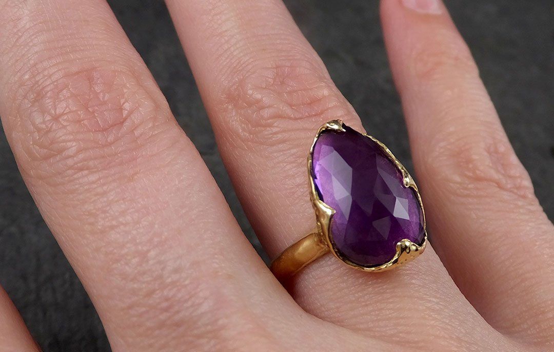 Fancy cut Amethyst Yellow Gold Ring Gemstone Solitaire recycled 18k yellow statement cocktail statement 1434 - by Angeline