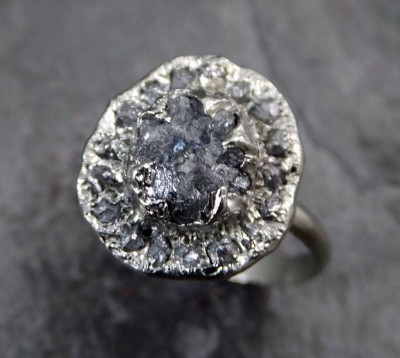 Raw Diamond Halo Engagement Ring Multi stone Rough 14k White Gold Wedding Ring diamond Stacking Ring Rough Diamond Ring 0086 - by Angeline