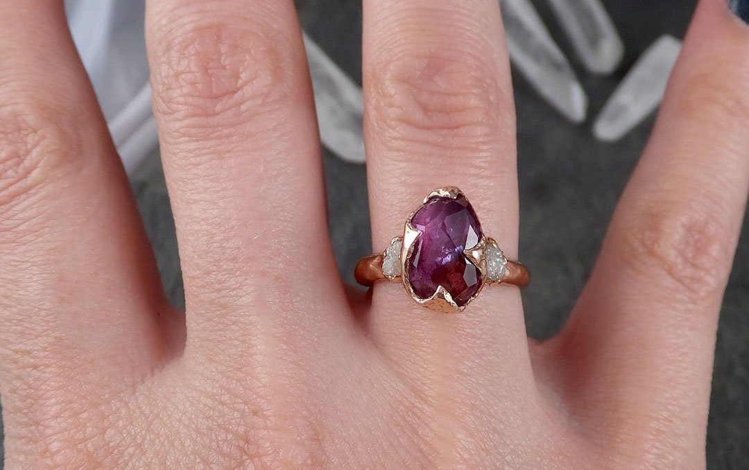 Partially Faceted Sapphire Raw Multi stone Rough Diamond 14k rose Gold Engagement Ring Wedding Ring Custom One Of a Kind Gemstone Ring 1524 - by Angeline