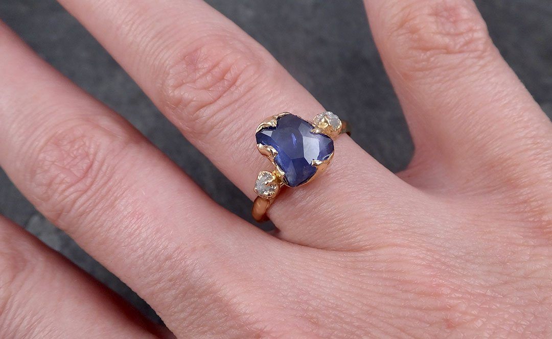 Partially faceted Sapphire natural Blue sapphire gemstone Raw Rough Diamond 14k Yellow Gold Engagement multi stone 1875