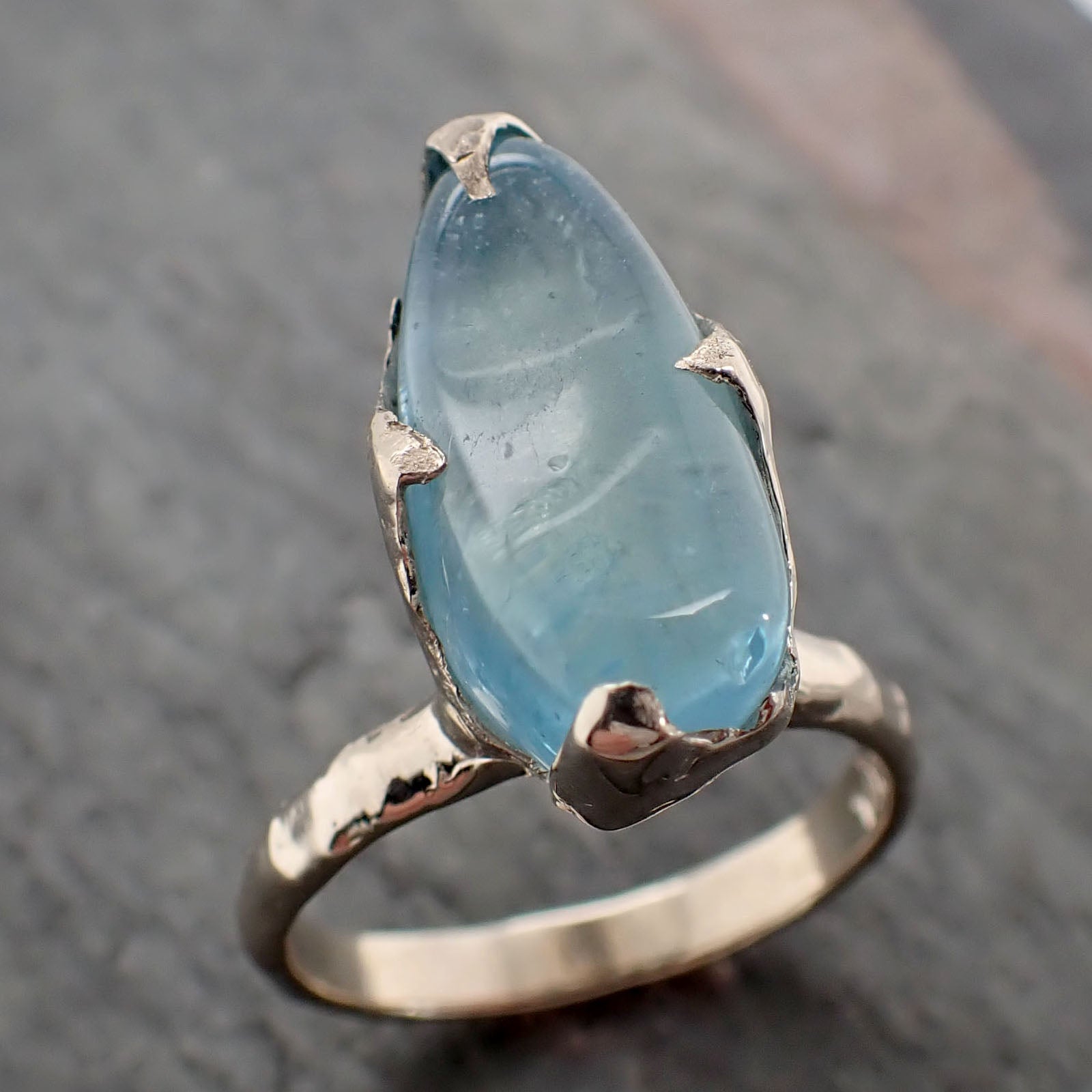 Aquamarine tumbled White 14k gold Solitaire gemstone ring 2819