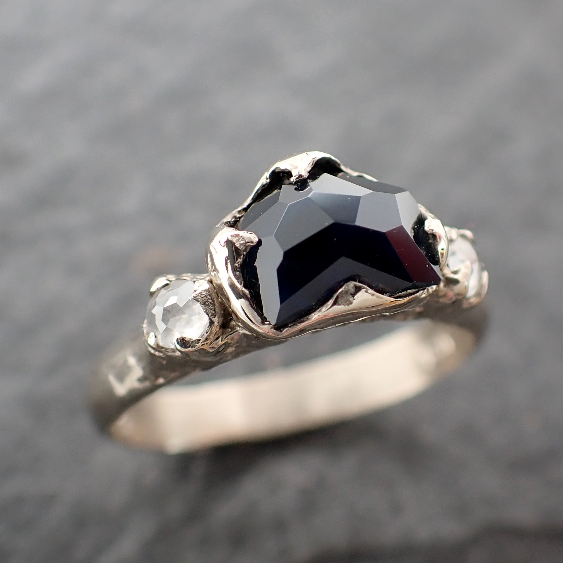 Partially faceted Sapphire and fancy cut Diamond 14k White Gold Engagement Ring Wedding Ring Custom Multi stone Gemstone Ring 2483