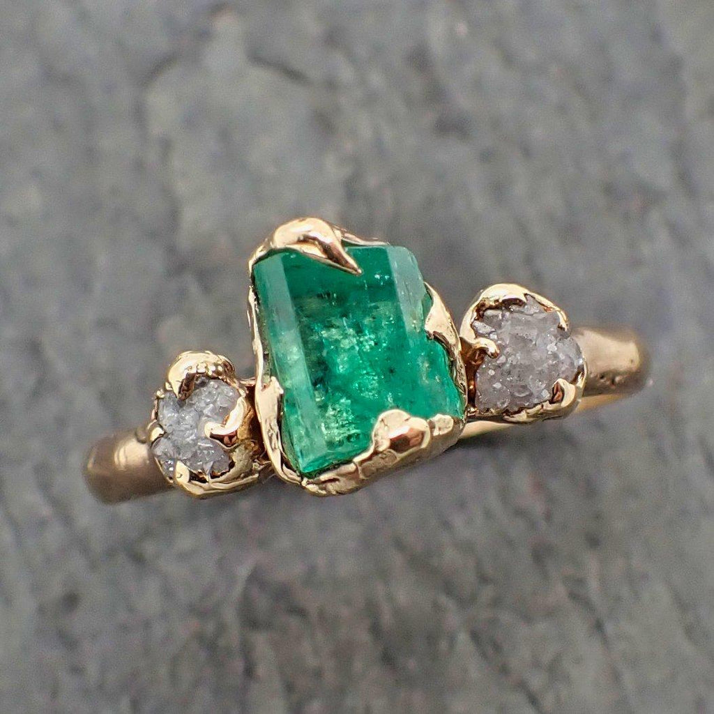 Three raw Stone Diamond and Emerald Engagement Gemstone Ring 18k Gold Multi  stone Wedding Ring Uncut Birthstone Stacking Ring Rough Diamond Ring