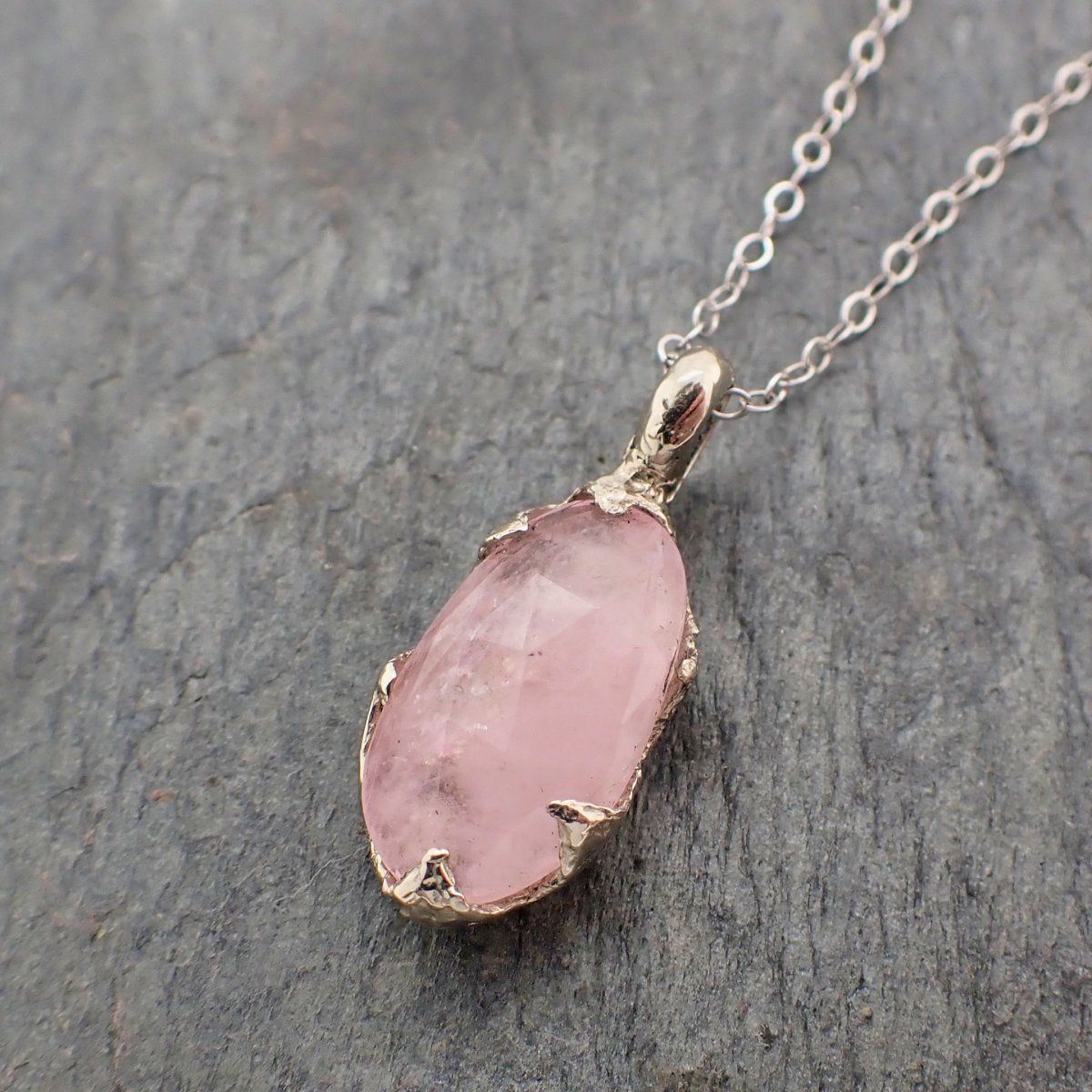 Fancy cut Morganite 14k white gold Pendant pink Gemstone Necklace 2234