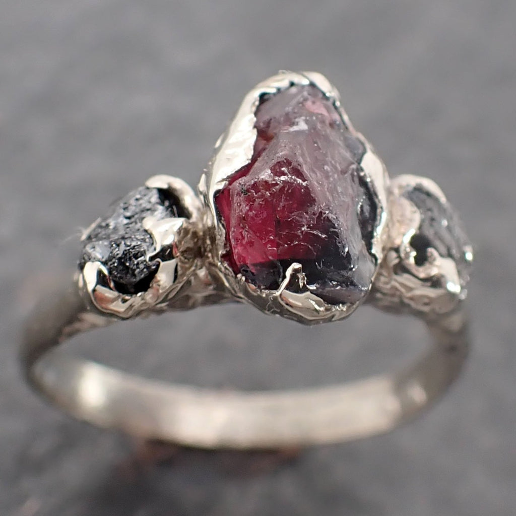 raw rough black diamond sapphire ruby multi stone ring 14k white