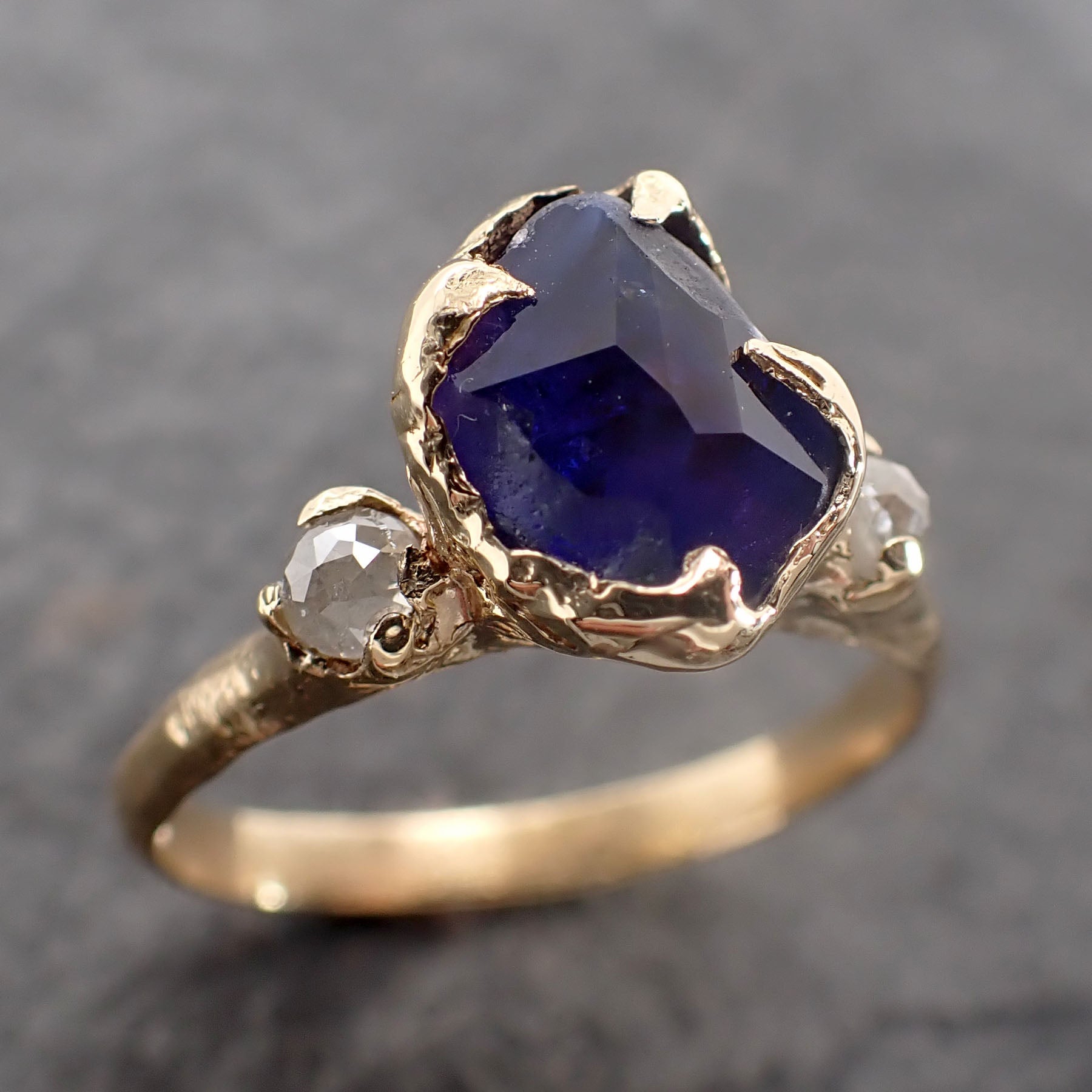 Partially Faceted blue Sapphire side diamonds Multi stone 18k Gold Engagement Ring Wedding Ring Custom Gemstone Ring 2517