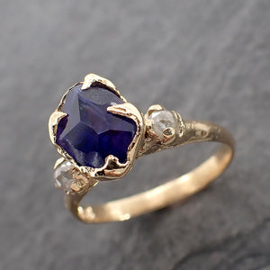 Partially Faceted blue Sapphire side diamonds Multi stone 18k Gold Engagement Ring Wedding Ring Custom Gemstone Ring 2517