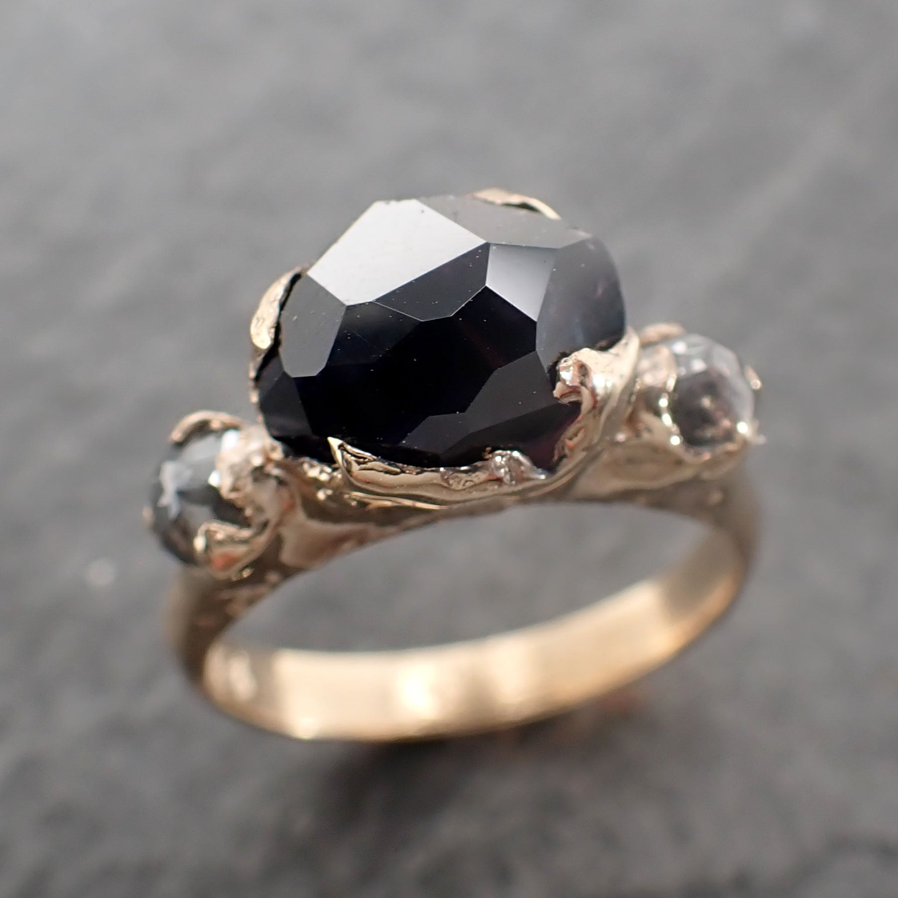 Partially Faceted dark blue Sapphire side diamonds Multi stone 14k Gold Engagement Ring Wedding Ring Custom Gemstone Ring 2518