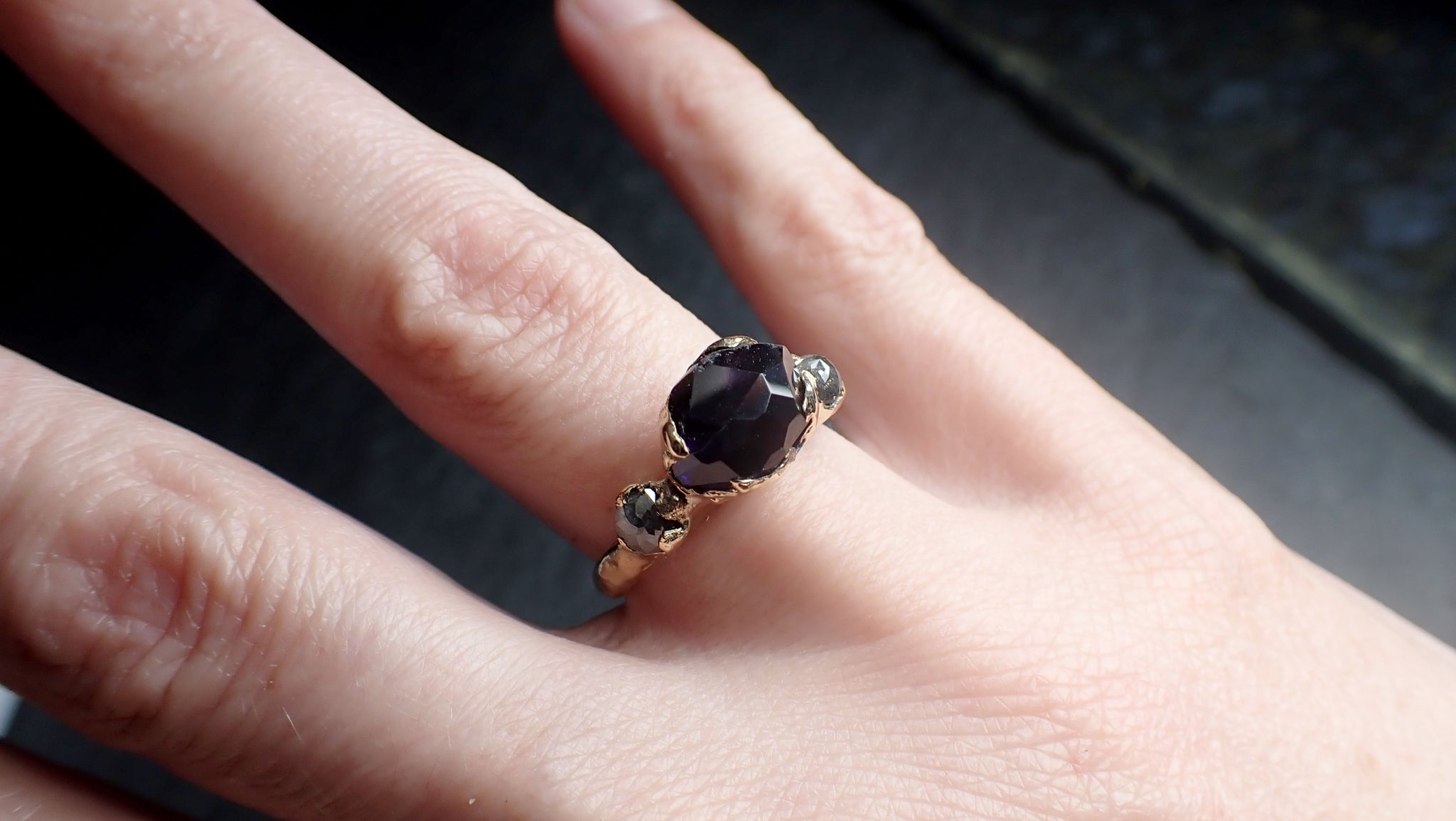 Partially Faceted dark blue Sapphire side diamonds Multi stone 14k Gold Engagement Ring Wedding Ring Custom Gemstone Ring 2518
