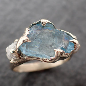 large raw uncut aquamarine diamond white gold engagement ring wedding ring custom one of a kind gemstone ring multi stone ring 2544 Alternative Engagement