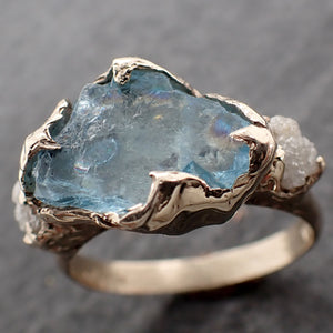 large raw uncut aquamarine diamond white gold engagement ring wedding ring custom one of a kind gemstone ring multi stone ring 2544 Alternative Engagement
