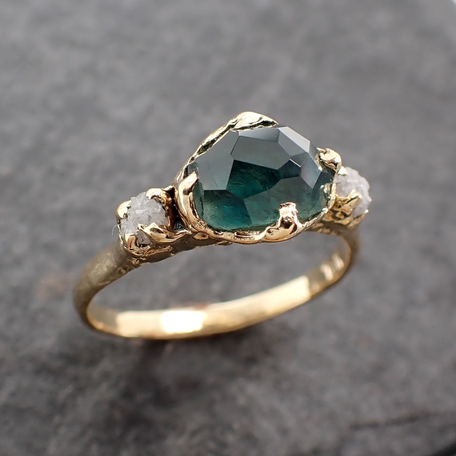 partially faceted montana blue green sapphire rough diamond 18k yellow gold engagement wedding gemstone multi stone ring 2572 Alternative Engagement