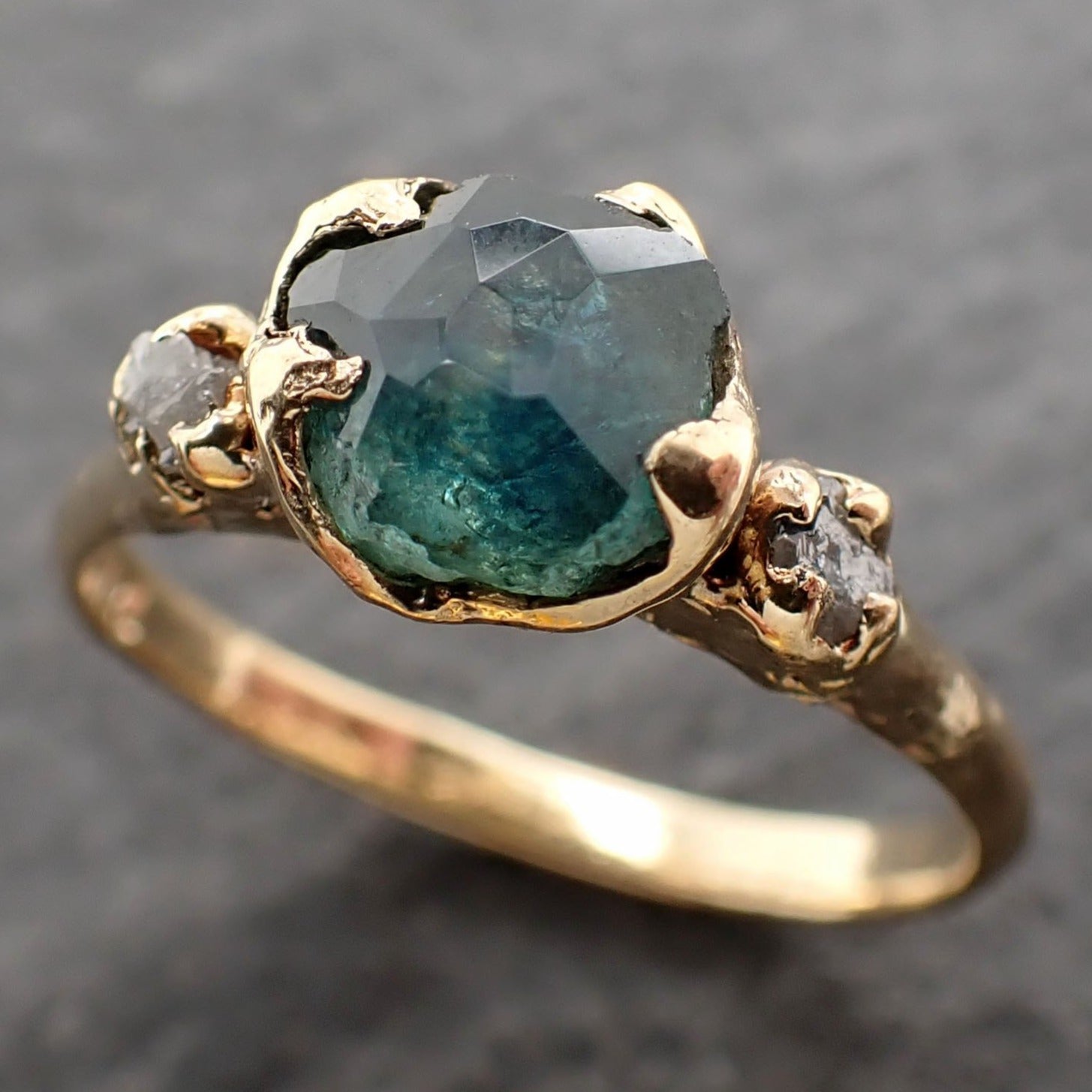 partially faceted montana blue green sapphire rough diamond 18k yellow gold engagement wedding gemstone multi stone ring 2571 Alternative Engagement