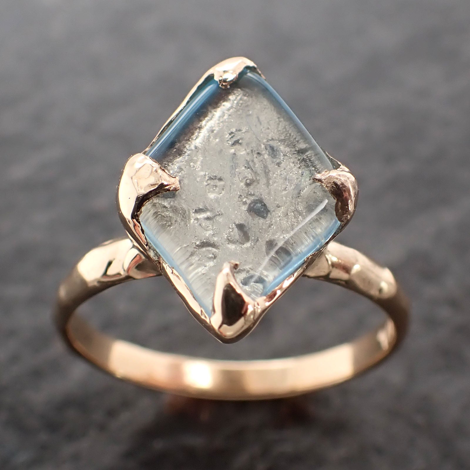 Aquamarine tumbled yellow 14k gold Solitaire gemstone ring 2669