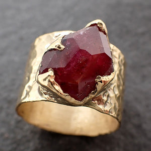 Partially Faceted Ruby Sapphire Ring Gemstone Ring Cocktail Solitaire Yellow 14k Cigar band 3218