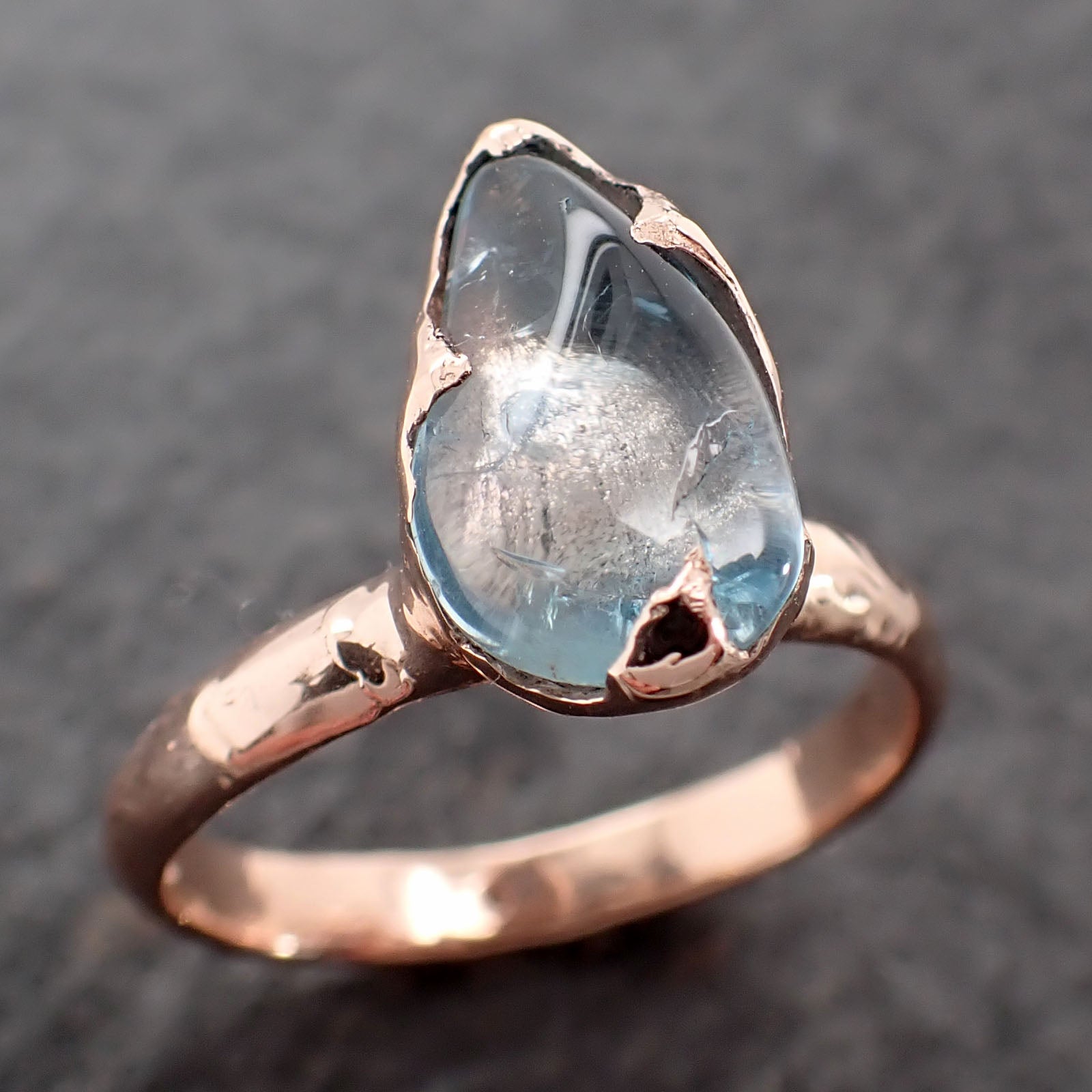Aquamarine tumbled Rose 14k gold Solitaire gemstone ring 2731