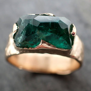 Partially Faceted Emerald Solitaire yellow 14k Gold Ring Birthstone One Of a Kind Gemstone Cocktail Ring Recycled 2915