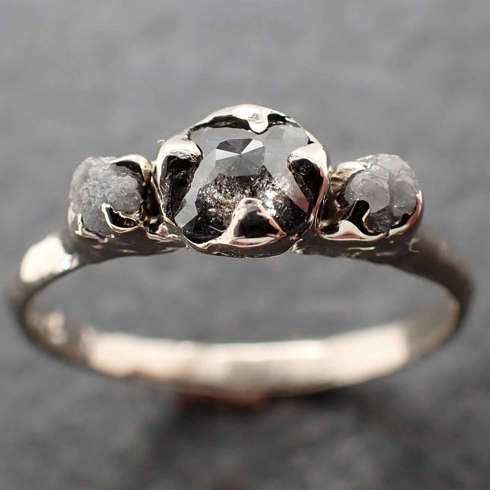 Fancy cut salt and pepper Diamond Multi stone Engagement 14k White Gold Wedding Ring Rough Diamond Ring byAngeline 3067