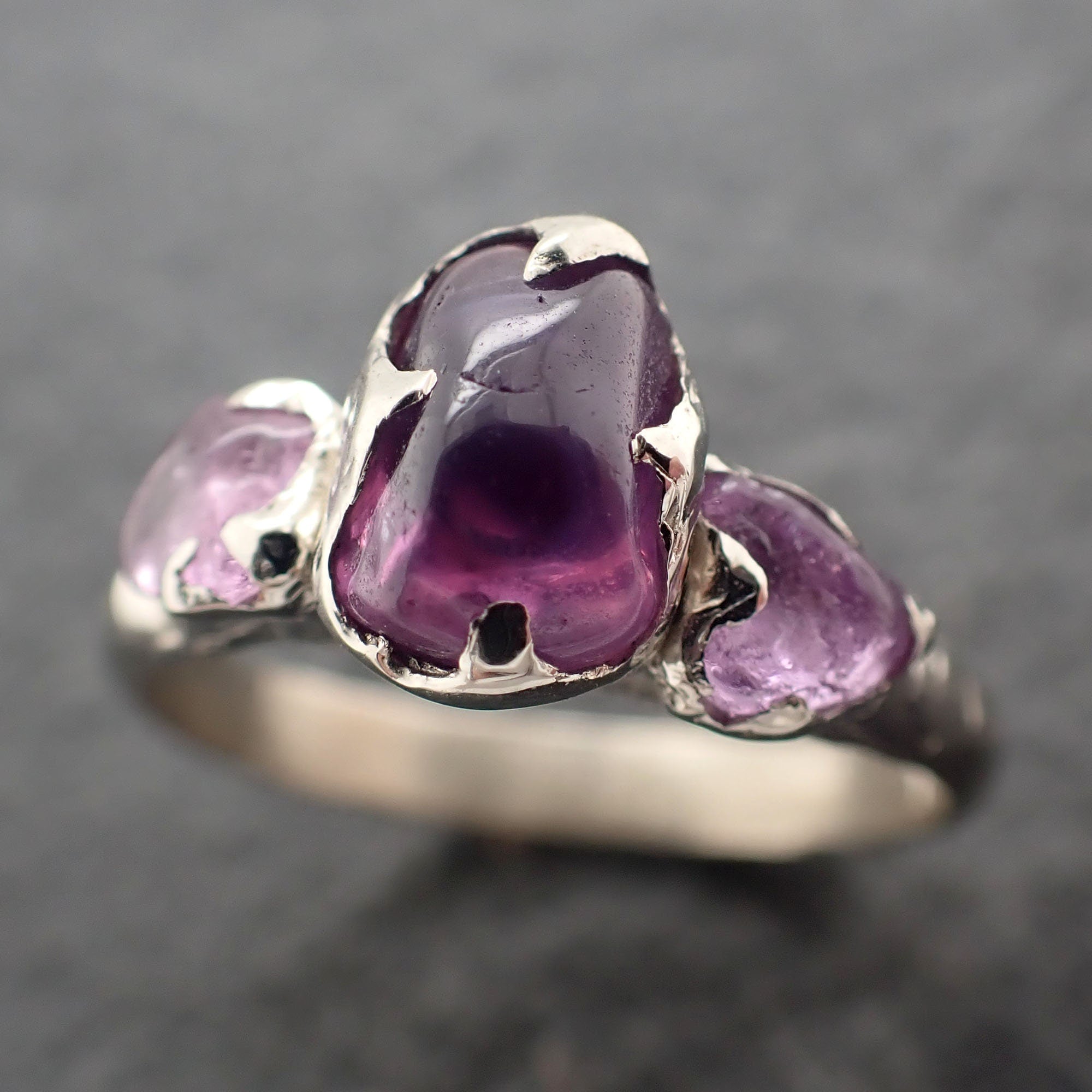 purple Sapphire tumbled polished White 14k gold multi stone gemstone ring 3090