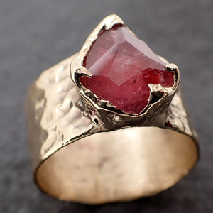 Partially Faceted Ruby Sapphire Ring Gemstone Ring Cocktail Solitaire Yellow 14k Cigar band 3219