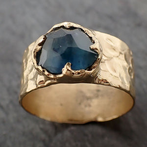 Partially Faceted Sapphire Ring Gemstone Ring Cocktail Solitaire Yellow 18k Cigar band 3227