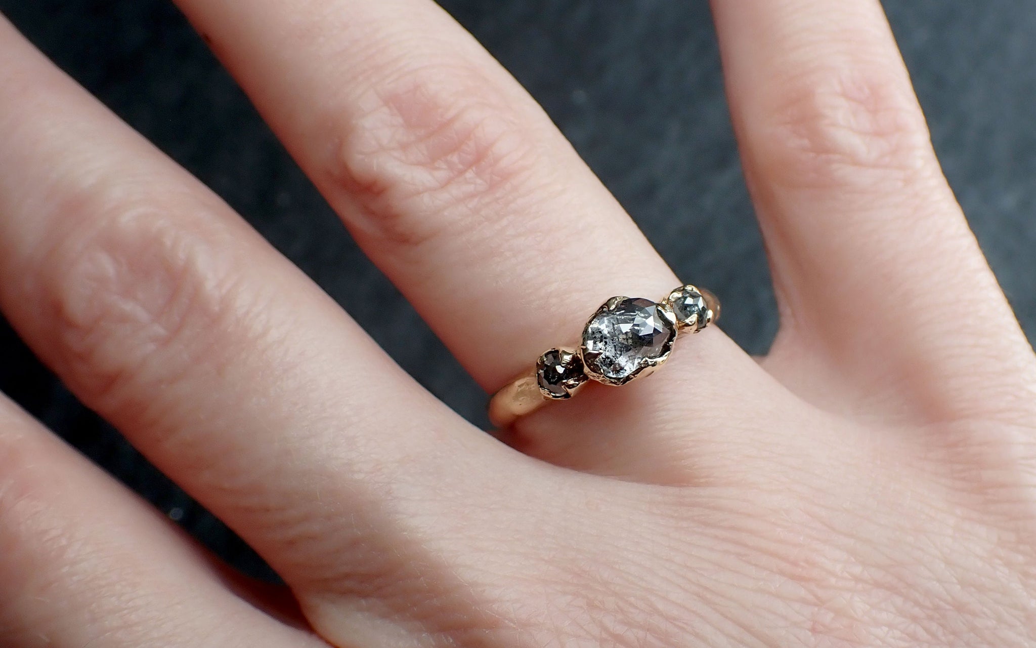 Fancy cut Salt and Pepper Diamond Engagement 14k Yellow Gold Multi stone Wedding Ring Stacking Rough Diamond Ring byAngeline 3246