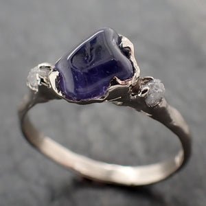 purple Sapphire tumbled polished White 14k gold multi stone gemstone ring 3258