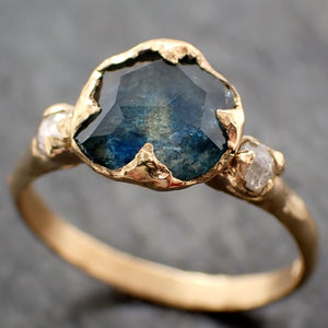 Partially faceted blue green Montana Sapphire and fancy Diamonds 18k Yellow Gold Engagement Wedding Ring Gemstone Ring Multi stone Ring 3269