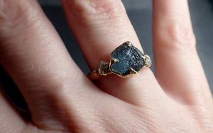 Raw Blue Montana Sapphire and rough diamonds Yellow 14k Gold Engagement Wedding Gemstone Multi stone 3306
