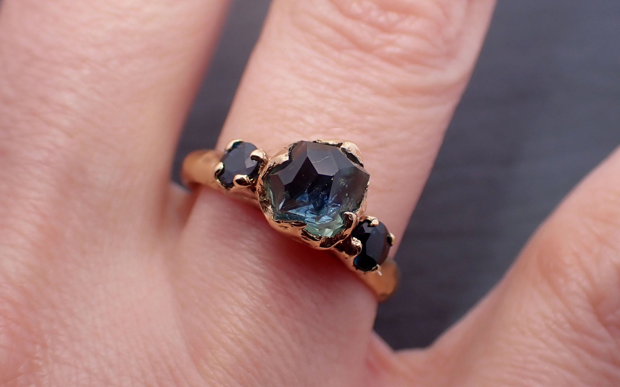 Partially faceted blue Montana Sapphire and fancy sapphires 18k Yellow Gold Engagement Wedding Ring Gemstone Ring Multi stone Ring 3279