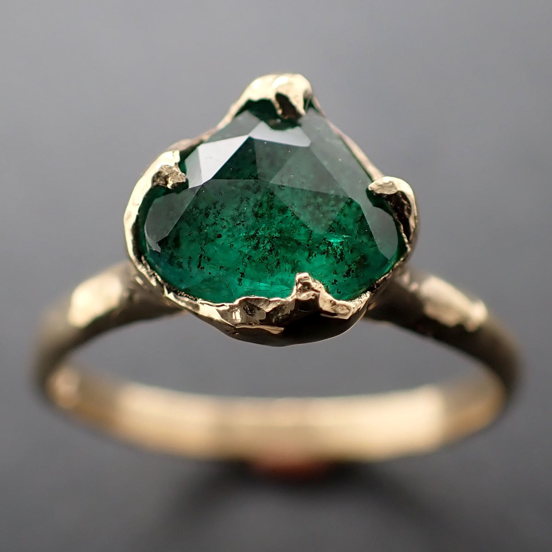 Fancy cut Emerald Solitaire yellow 18k Gold Ring Birthstone One Of a Kind Gemstone Ring Recycled 3325