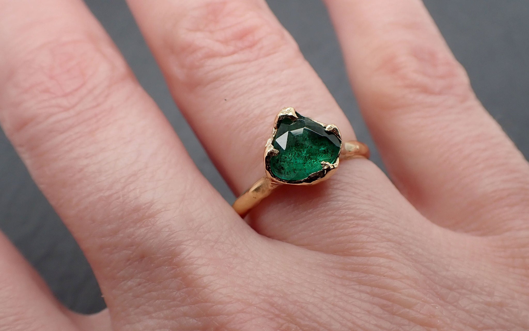 Fancy cut Emerald Solitaire yellow 18k Gold Ring Birthstone One Of a Kind Gemstone Ring Recycled 3325