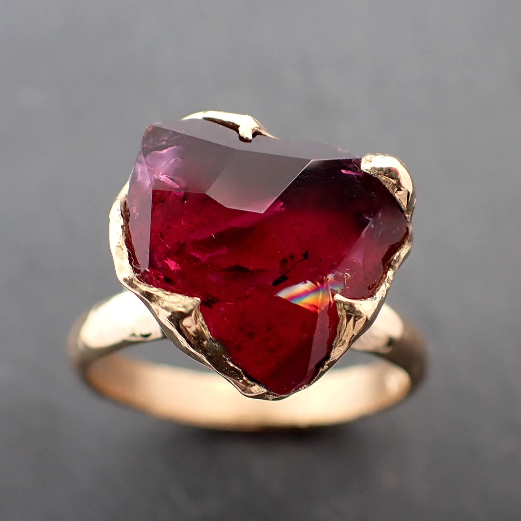 Rubellite tourmaline Yellow 18k Gold Ring One Of a Kind Gemstone Ring Partially faceted Solitaire 3360