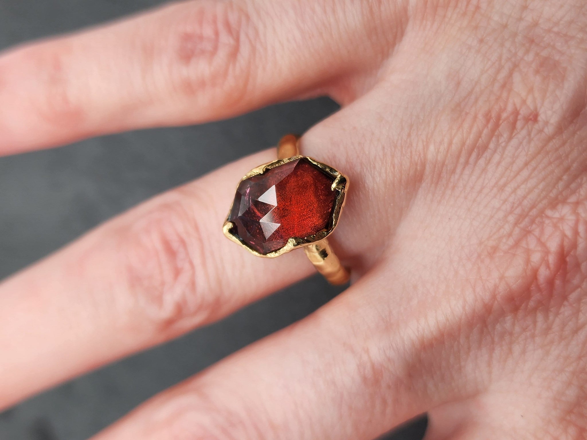 Fancy cut red Tourmaline Yellow Gold Ring Gemstone Solitaire recycled 18k statement cocktail statement 3327