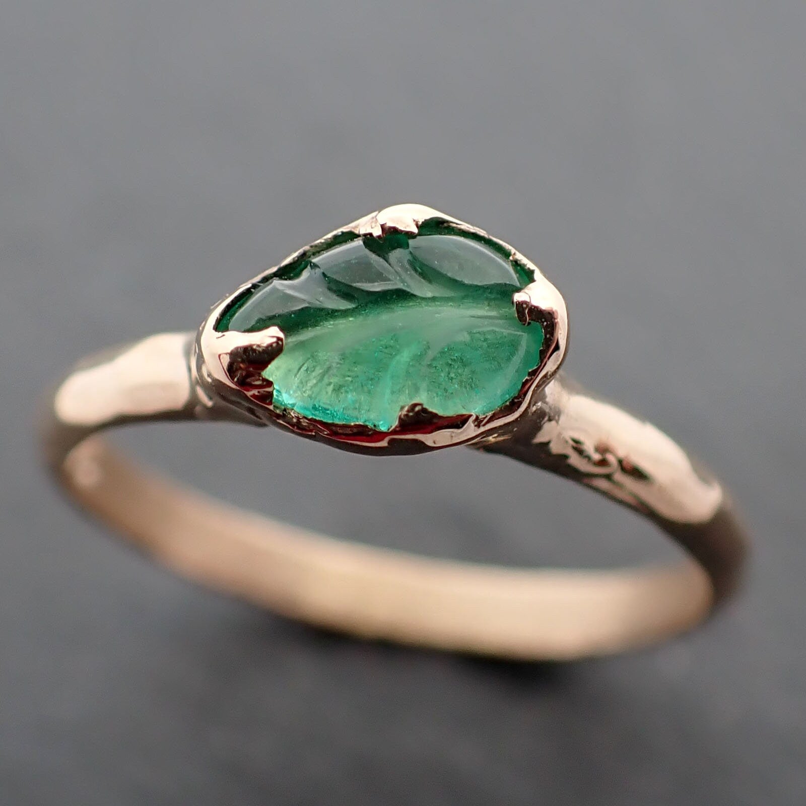Carved Leaf Emerald Solitaire yellow 14k Gold Ring Birthstone One Of a Kind Gemstone Ring Recycled 3385