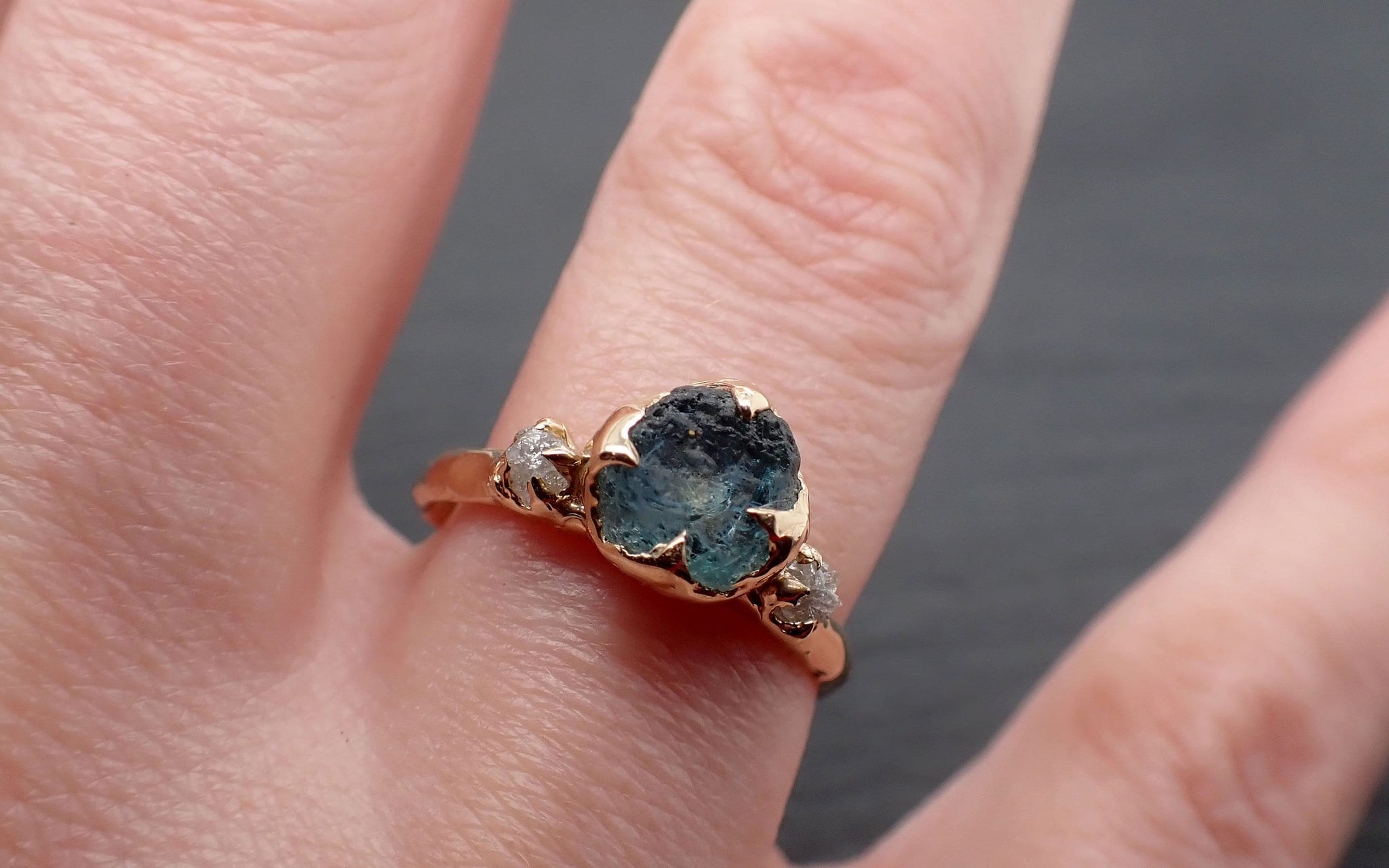 Raw blue green Montana Sapphire and rough diamonds Yellow 14k Gold Engagement Wedding Gemstone Multi stone 3406