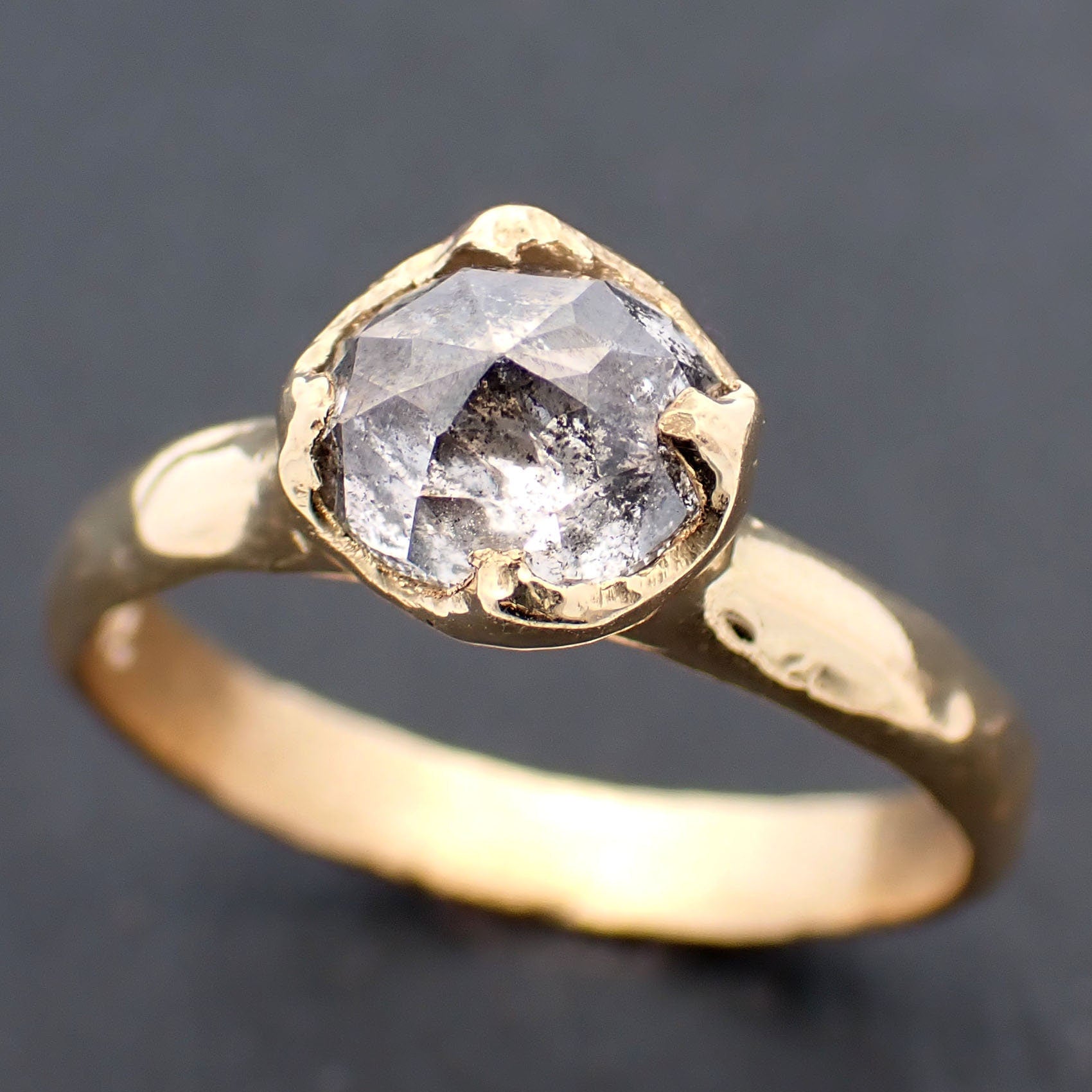 Faceted Fancy cut Salt and Pepper Diamond Solitaire Engagement 18k Yellow Gold Wedding Ring byAngeline 3448