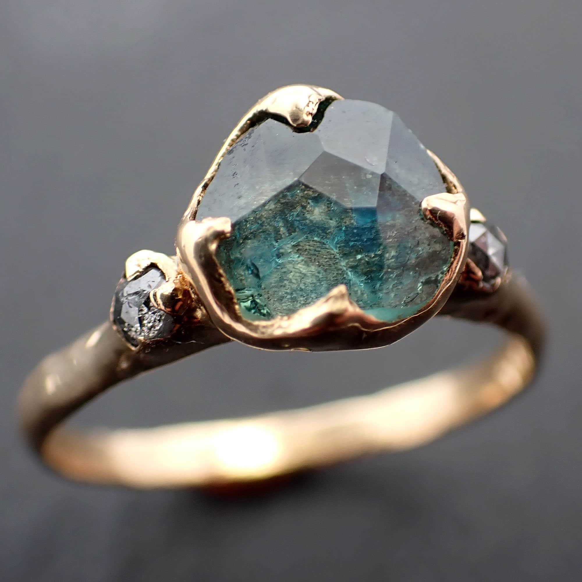 Partially faceted blue green Montana Sapphire and fancy Diamonds 18k Yellow Gold Engagement Wedding Ring Gemstone Ring Multi stone Ring 3477