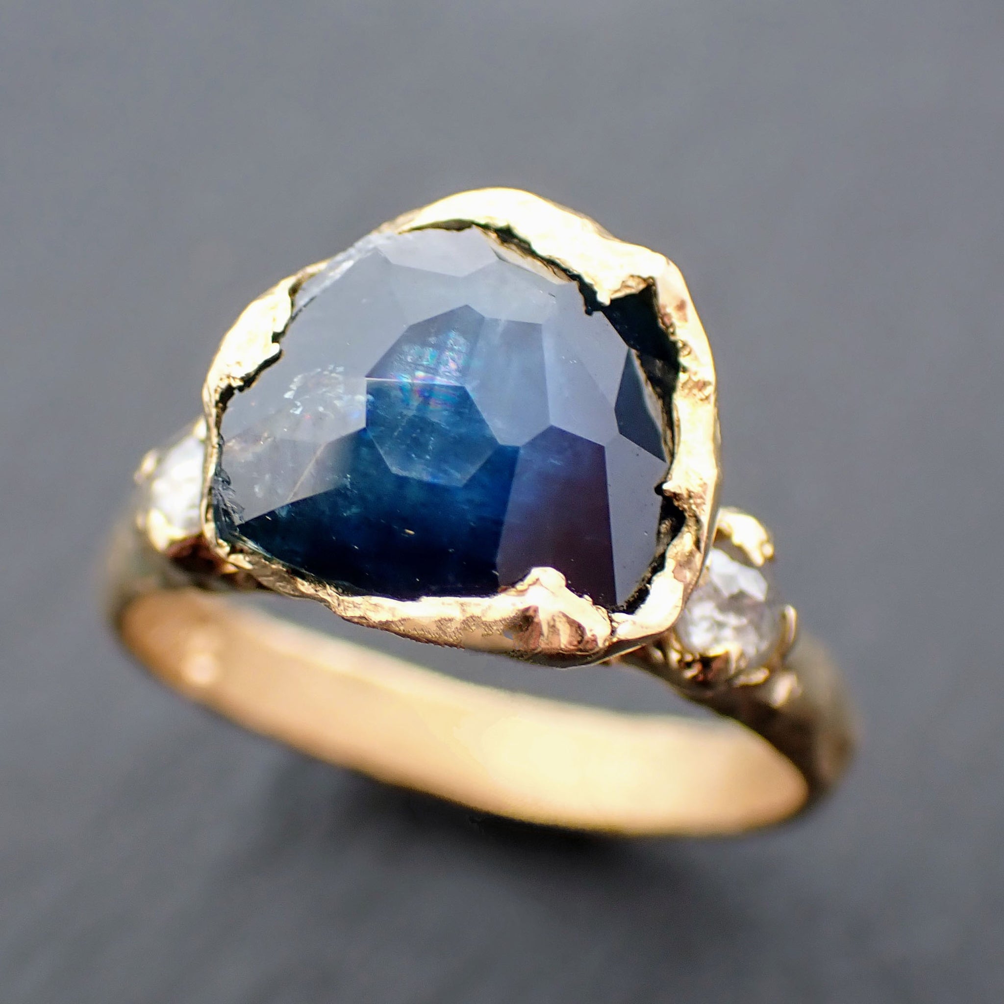 Partially faceted blue Montana Sapphire salt and pepper Diamond 18k Yellow Gold Engagement Wedding Gemstone Multi stone Ring 3476