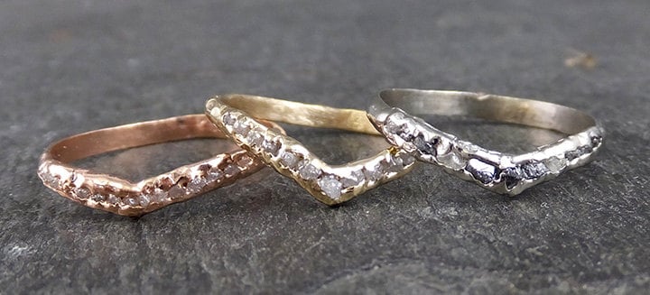 Raw Rough Uncut Diamond Straight Contour Curved V Point Wedding Band Rose white yellow 14k / 18k Gold Wedding Ring byAngeline C0197