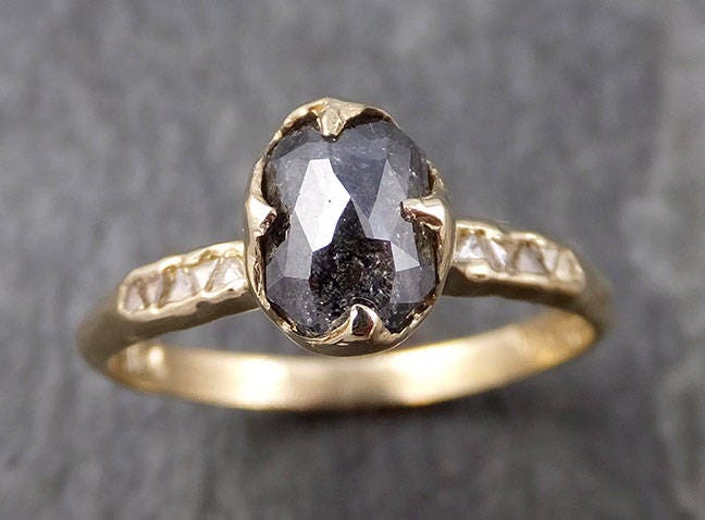 Real Salt and Pepper Diamond Engagement Ring | Solid 14k Yellow Gold | Hand Made By Angeline 0937